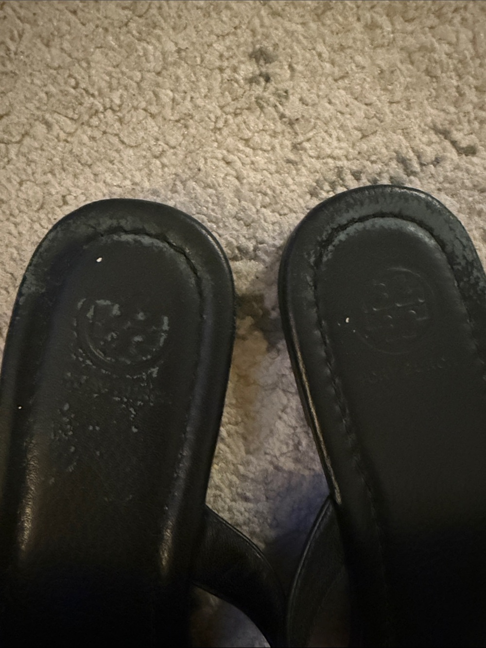 Tory Burch Black Leather Thong Sandals with Gold Logo Medallions - Picture 2 of 7